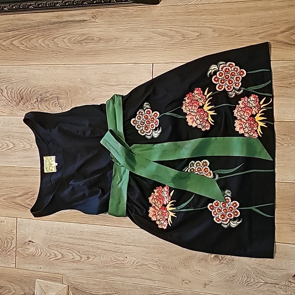 ANTHROPOLOGIE Floreat Cranesbill Black Floral Embroidered Dress